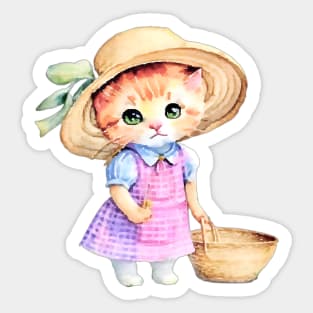 Cute kitten in pink gingham dress and straw hat children’s illustration I Sticker